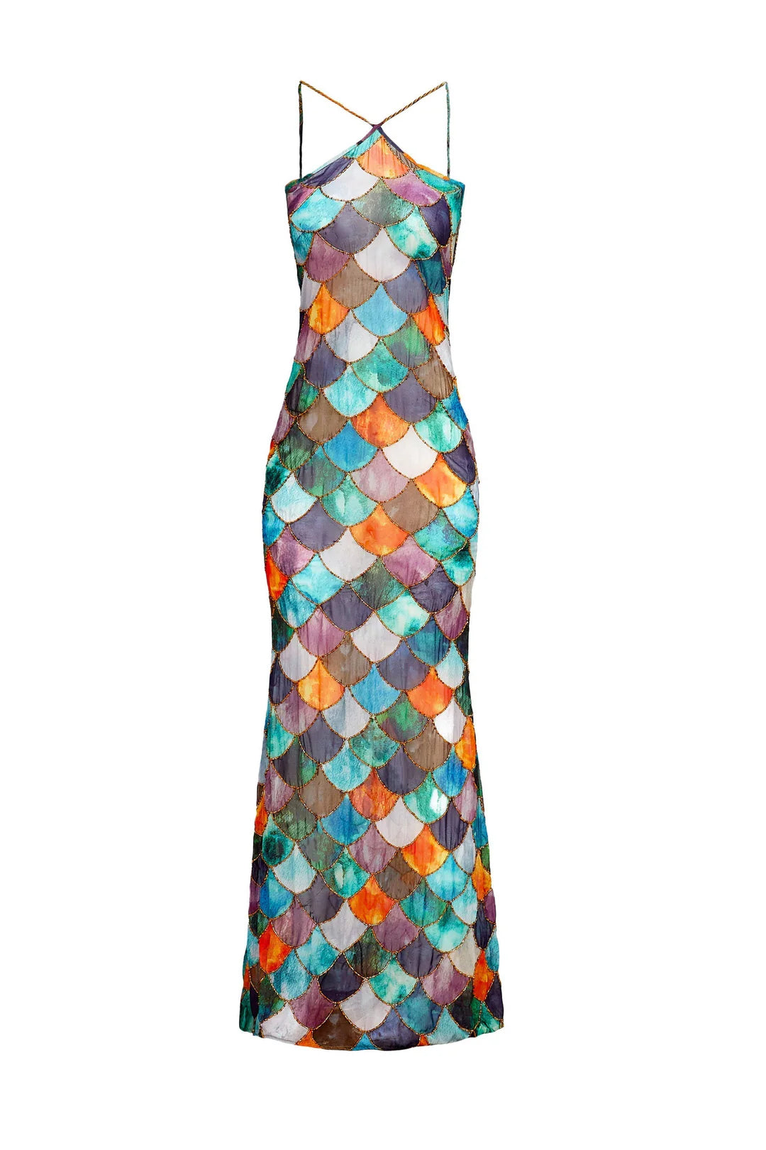 Dames halterjurk met empire taille en handgeschilderde print